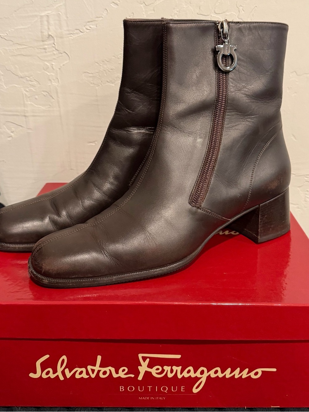 Salvatore Ferragamo Chocolate Brown Leather Ankle Boots with Signature Zip Charm